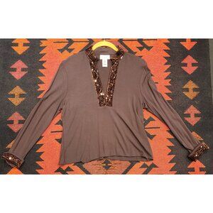 Vintage Talbots Womens Brown Top With Sequin Paisley Trim On Collar & Placket